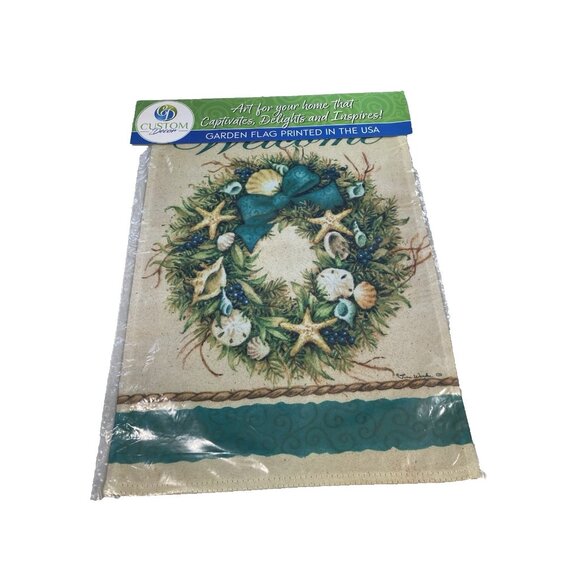 Coastal Christmas Garden Flag Holiday Party Banner Sea Shell Wreath Winter Decor - Picture 3 of 4